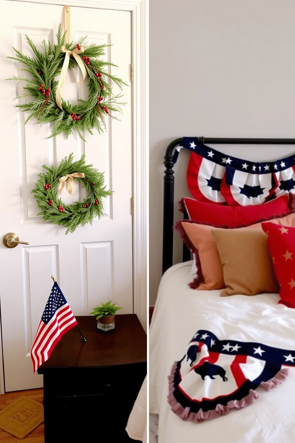 Festive wreaths hang on each bedroom door, adorned with a mix of evergreen branches, red berries, and golden ribbons. The wreaths bring a touch of holiday spirit, perfectly complementing the cozy, rustic decor of the bedrooms. For Memorial Day, the bedroom is decorated with patriotic flair, featuring red, white, and blue bedding and throw pillows. A small American flag is placed on the nightstand, while star-spangled bunting drapes across the headboard, creating a festive and respectful atmosphere.