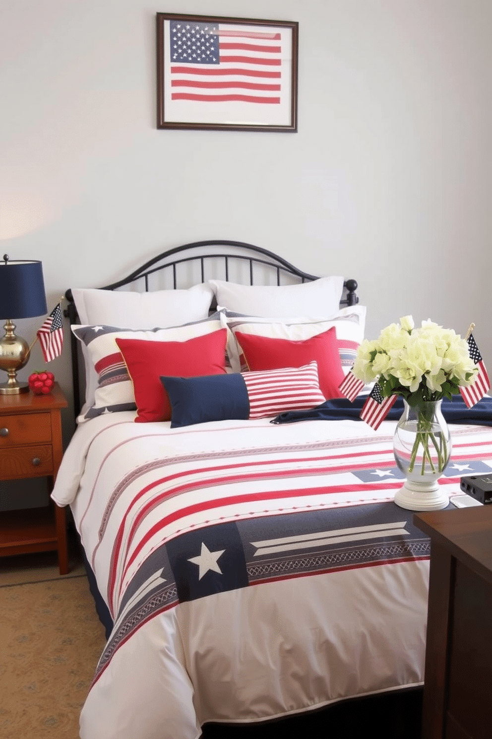 A cozy bedroom with patriotic-themed bedding sets. The bed features a comforter adorned with red, white, and blue stripes, complemented by star-spangled pillows. The walls are painted a soft gray, allowing the vibrant bedding to stand out. A wooden nightstand beside the bed holds a small lamp with a navy blue shade and a decorative flag. A Memorial Day-inspired bedroom with a subtle yet festive touch. The bed is dressed in crisp white linens, accented with a navy blue throw blanket and red decorative pillows. Above the bed, a framed print of an American flag adds a patriotic flair. A vase with fresh white flowers and small American flags sits on the dresser, completing the look.