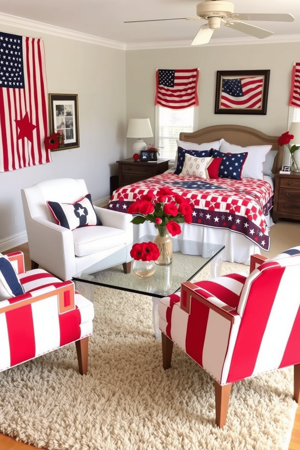 A cozy living room featuring accent chairs upholstered in red and white fabric. The chairs are positioned around a sleek glass coffee table, creating a vibrant focal point in the room, complemented by a plush beige rug. A patriotic bedroom decorated for Memorial Day with a red, white, and blue color scheme. The bed is adorned with a star-spangled quilt, and the walls feature framed American flags, while a bedside table holds a vase filled with red poppies.