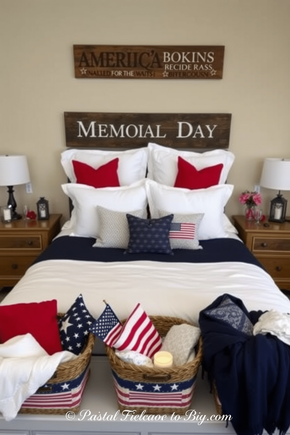 A cozy bedroom adorned with Memorial Day-themed decor. The bed is dressed in white linens with a navy blue quilt and red accent pillows, while decorative baskets with flag motifs are placed at the foot of the bed, filled with throw blankets and pillows. On the nightstands, there are small American flag decorations and lanterns with candles inside. The walls are painted in a soft beige tone, and a large, rustic wooden sign with patriotic sayings hangs above the headboard, completing the festive look.