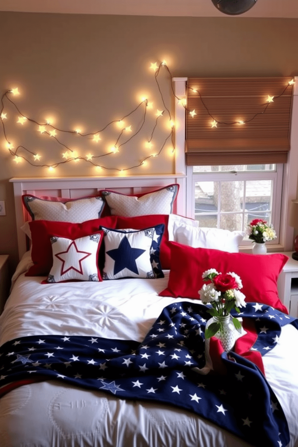 A cozy bedroom adorned with string lights featuring delicate star motifs. The lights are draped across the headboard and around the window, casting a warm and magical glow throughout the room. A patriotic bedroom setup for Memorial Day, with red, white, and blue bedding. Decorative pillows with star patterns and an American flag throw blanket add a festive touch, while a small vase with fresh flowers on the nightstand completes the look.