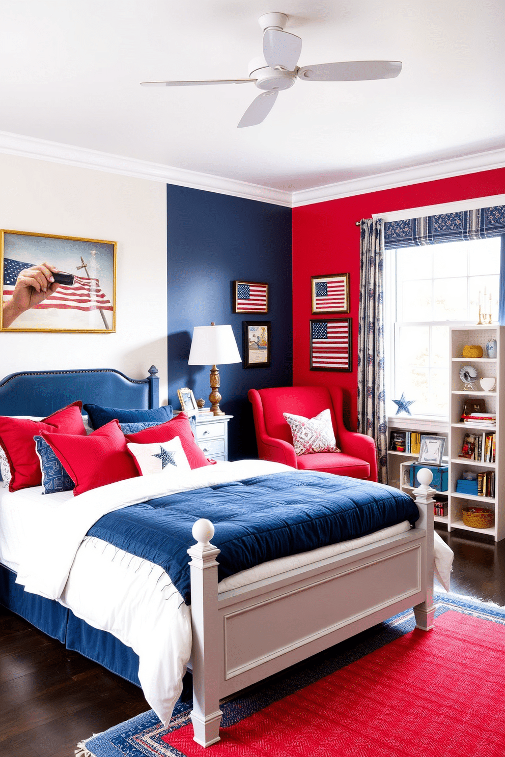 A cozy bedroom with red, white, and blue accent walls, featuring a plush navy blue bed with white linens and red throw pillows. A white dresser with blue and red decor items sits against one wall, and a patriotic-themed artwork hangs above the bed. A comfortable reading nook by the window, adorned with a red armchair and a blue and white striped rug. The walls are decorated with framed vintage American flags, and a small white bookshelf holds an assortment of books and Memorial Day memorabilia.