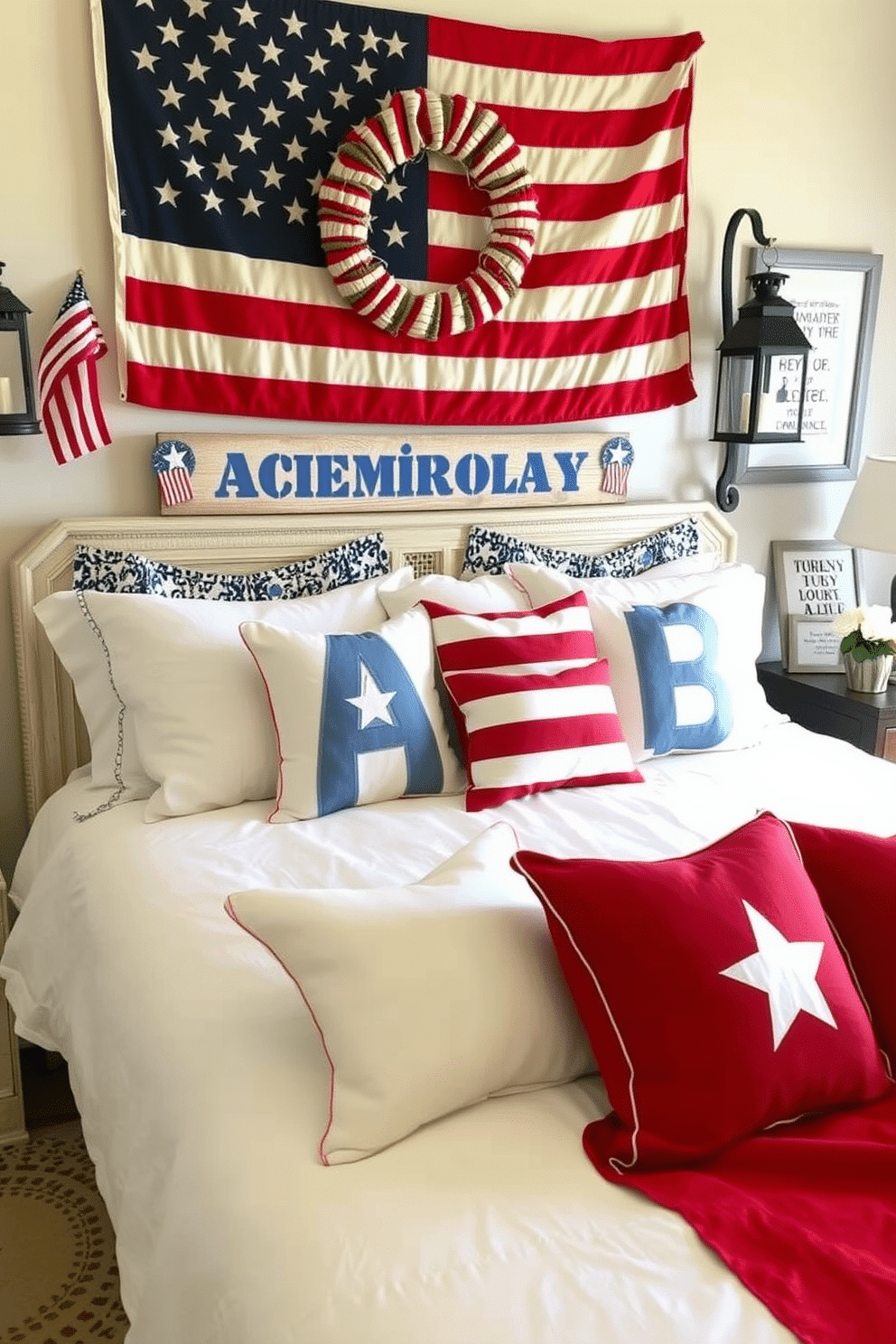 Personalized name signs with patriotic flair: Create a personalized name sign featuring bold, block letters painted in vibrant red, white, and blue hues. Add star accents and a distressed wooden background to evoke a rustic, Americana feel, perfect for celebrating national pride. Memorial Day Bedroom Decorating Ideas: Transform your bedroom into a patriotic retreat with bedding in classic red, white, and blue tones, complemented by star-spangled throw pillows. Hang a vintage American flag above the headboard and incorporate decorative elements such as lanterns, bunting, and framed patriotic quotes to honor the spirit of Memorial Day.