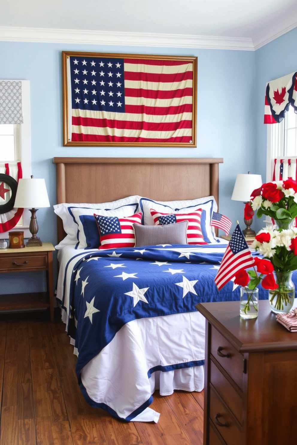 A cozy bedroom with a patriotic theme. The bed is adorned with vintage American flag pillows and a quilt featuring stars and stripes. Above the headboard, a large, framed vintage American flag serves as the focal point. The walls are painted a soft blue, and the floor is covered with a rustic wooden finish. For Memorial Day, add red, white, and blue bunting along the windows and a small American flag on the nightstand. A vase filled with red poppies and white daisies sits on a dresser, adding a festive touch. The bedding features a mix of solid colors and subtle patriotic patterns, creating a cohesive and celebratory atmosphere.