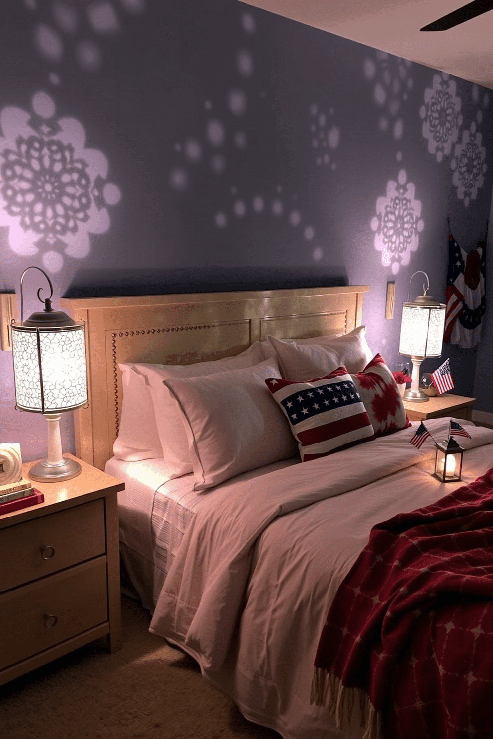 A cozy bedroom illuminated by festive lanterns on each nightstand. The lanterns emit a warm, ambient glow, casting intricate patterns on the walls, while the nightstands are adorned with small decorative items and a stack of books. A Memorial Day-themed bedroom featuring red, white, and blue decor. The bed is dressed in patriotic bedding, with accent pillows and a throw blanket in matching colors, while the nightstands display small American flags and festive lanterns.