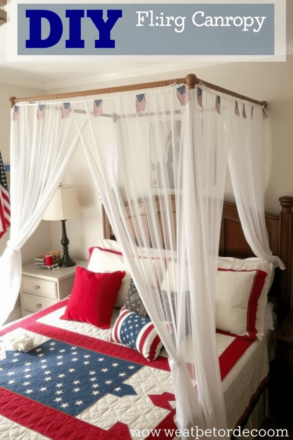 A cozy bedroom setting featuring a DIY flag-themed bed canopy. The canopy is created using sheer white fabric draped over a wooden frame, with small American flags sewn along the edges, creating a patriotic and inviting atmosphere. A Memorial Day bedroom decorated with red, white, and blue accents. The bed is adorned with a quilt featuring stars and stripes, while throw pillows in solid patriotic colors complement the theme, and a vintage American flag hangs proudly above the headboard.