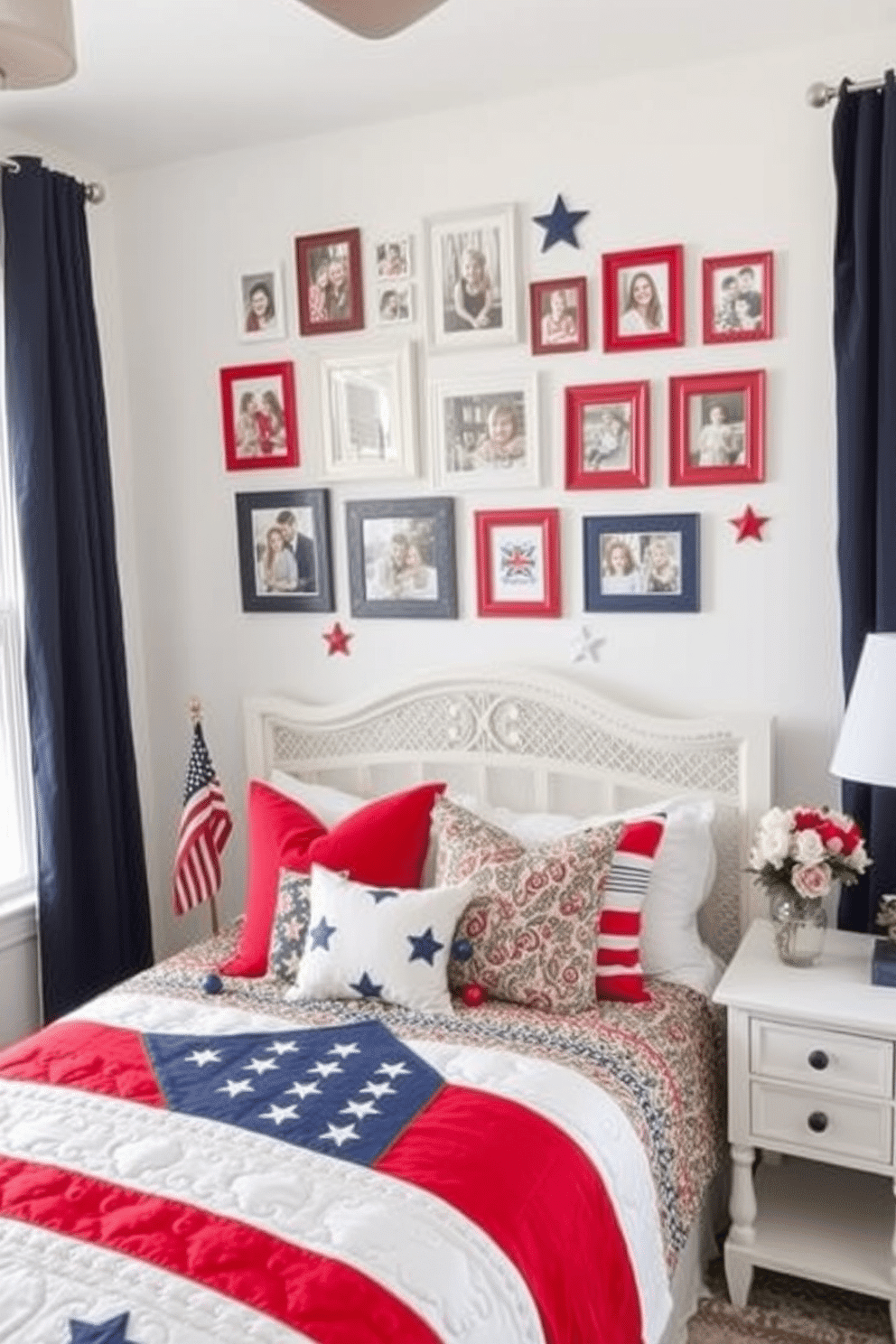 A Memorial Day-themed photo wall collage. Arrange a variety of framed photos, including family moments and patriotic imagery, in a cohesive layout on a white wall. Incorporate red, white, and blue frames along with small American flags and star-shaped decorations to enhance the festive feel. Memorial Day Bedroom Decorating Ideas. Adorn the bed with a quilt featuring a patriotic pattern, such as stars and stripes, and complement it with red, white, and blue throw pillows. Add a touch of elegance with navy blue curtains, a white bedside table decorated with a small American flag, and a vase of fresh flowers in patriotic colors.