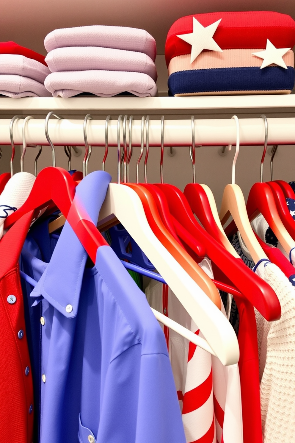 Create a vibrant closet scene celebrating Memorial Day with red white and blue themed hangers. The hangers are arranged in a visually appealing manner, showcasing a mix of casual and formal attire, with pops of patriotic colors throughout the space.