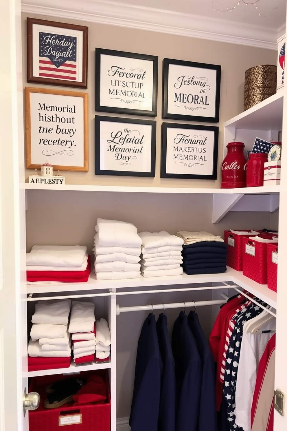 A gallery wall showcasing framed Memorial Day quotes in elegant typography. The quotes are surrounded by patriotic-themed artwork, creating a cohesive and meaningful display. A well-organized closet featuring red, white, and blue decor elements. The shelves are lined with neatly folded clothing, and decorative bins are labeled for easy access, adding a festive touch.