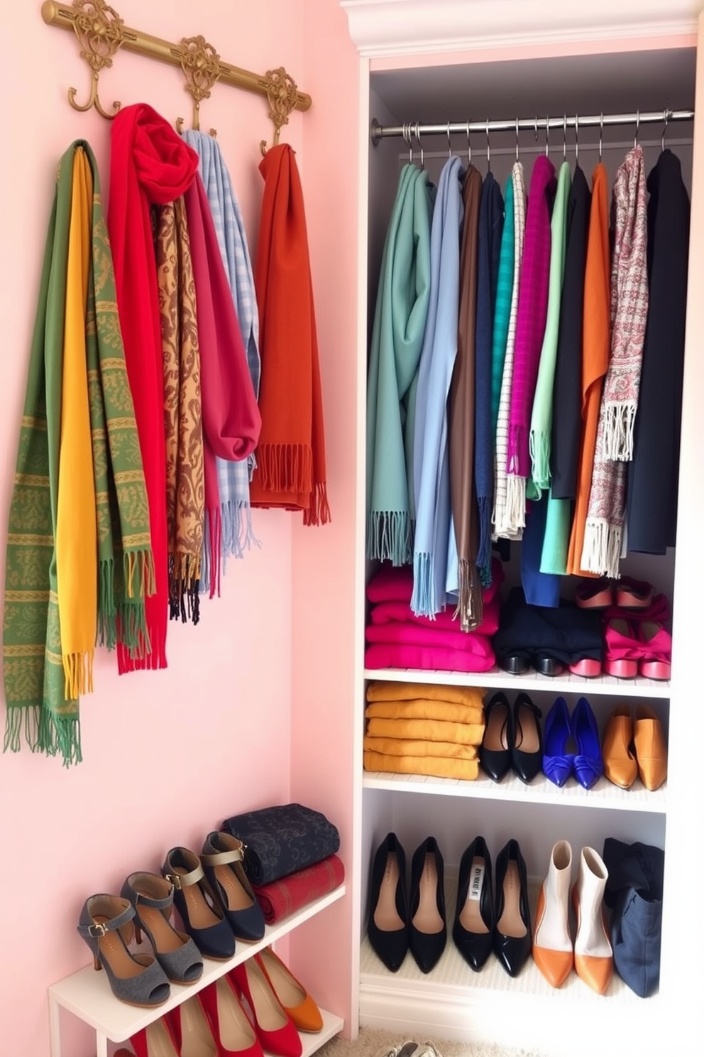 A vibrant closet space featuring colorful scarves elegantly hung on decorative hooks. The walls are painted in a soft pastel hue, and the shelving is organized with neatly folded sweaters and shoes arranged by color.