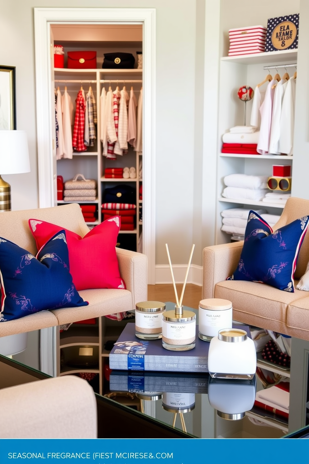 A stylish living room corner featuring seasonal fragrance diffusers that emit fresh scents. The diffusers are elegantly arranged on a sleek coffee table surrounded by plush seating and vibrant decorative pillows. A beautifully organized closet space designed for Memorial Day celebrations. The closet showcases red white and blue accents with neatly folded clothes and festive accessories displayed prominently.