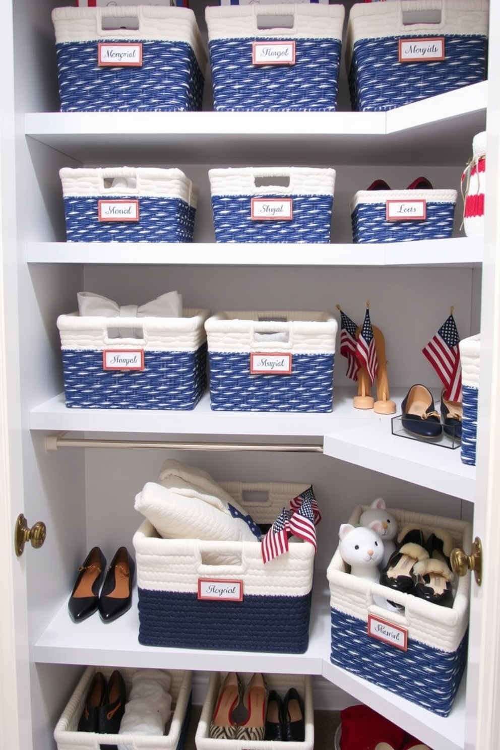 Create a stylish closet space featuring themed baskets for organizing shoes and accessories. The baskets should be in coordinating colors and textures, neatly arranged on shelves, with labels for easy identification. Incorporate Memorial Day decor by adding red, white, and blue accents throughout the closet. Use decorative elements like small flags or themed prints to enhance the patriotic theme while keeping the space functional and organized.