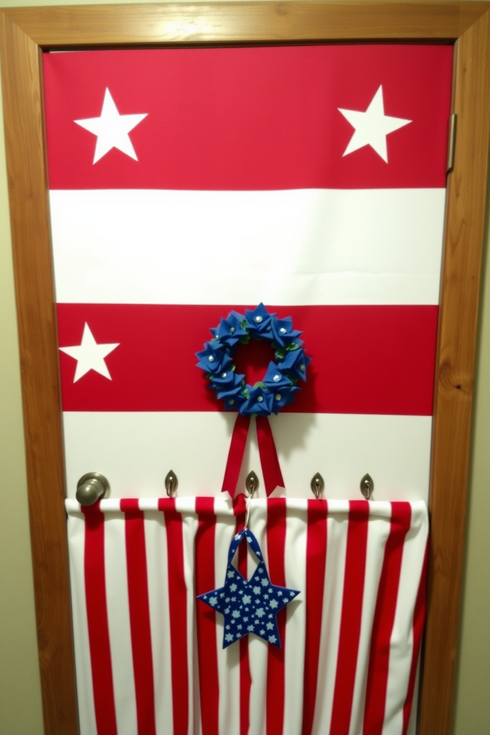 A patriotic themed closet door features a large American flag design, with vibrant red, white, and blue colors that evoke a sense of national pride. Stars are artistically placed in the corners, and a rustic wooden frame surrounds the door for added charm. For Memorial Day closet decorating ideas, incorporate red and white striped fabric as a curtain or cover for the closet door, creating a festive and inviting look. Add small decorative elements like star-shaped hooks or a wreath made of blue flowers to enhance the theme.