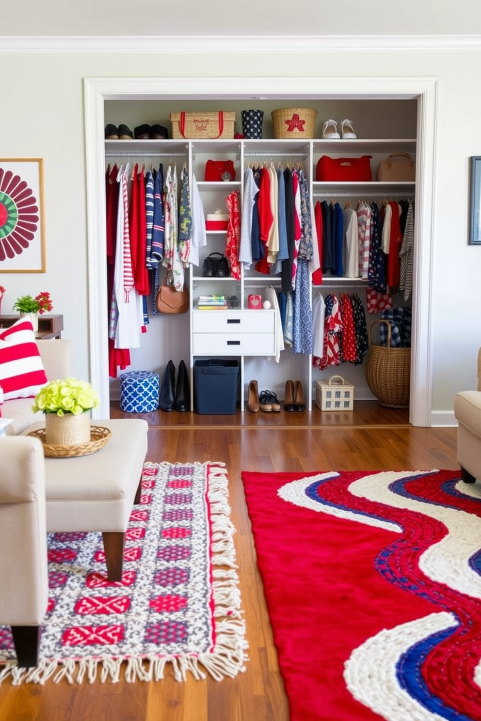 A cozy living room featuring layered rugs in red, white, and blue hues that add warmth and character to the space. The rugs are placed over a hardwood floor, creating a vibrant foundation for the room's decor. An organized closet designed for Memorial Day celebrations, showcasing red, white, and blue themed outfits neatly arranged. Shelves are filled with accessories that reflect the holiday spirit, making it easy to select festive attire.