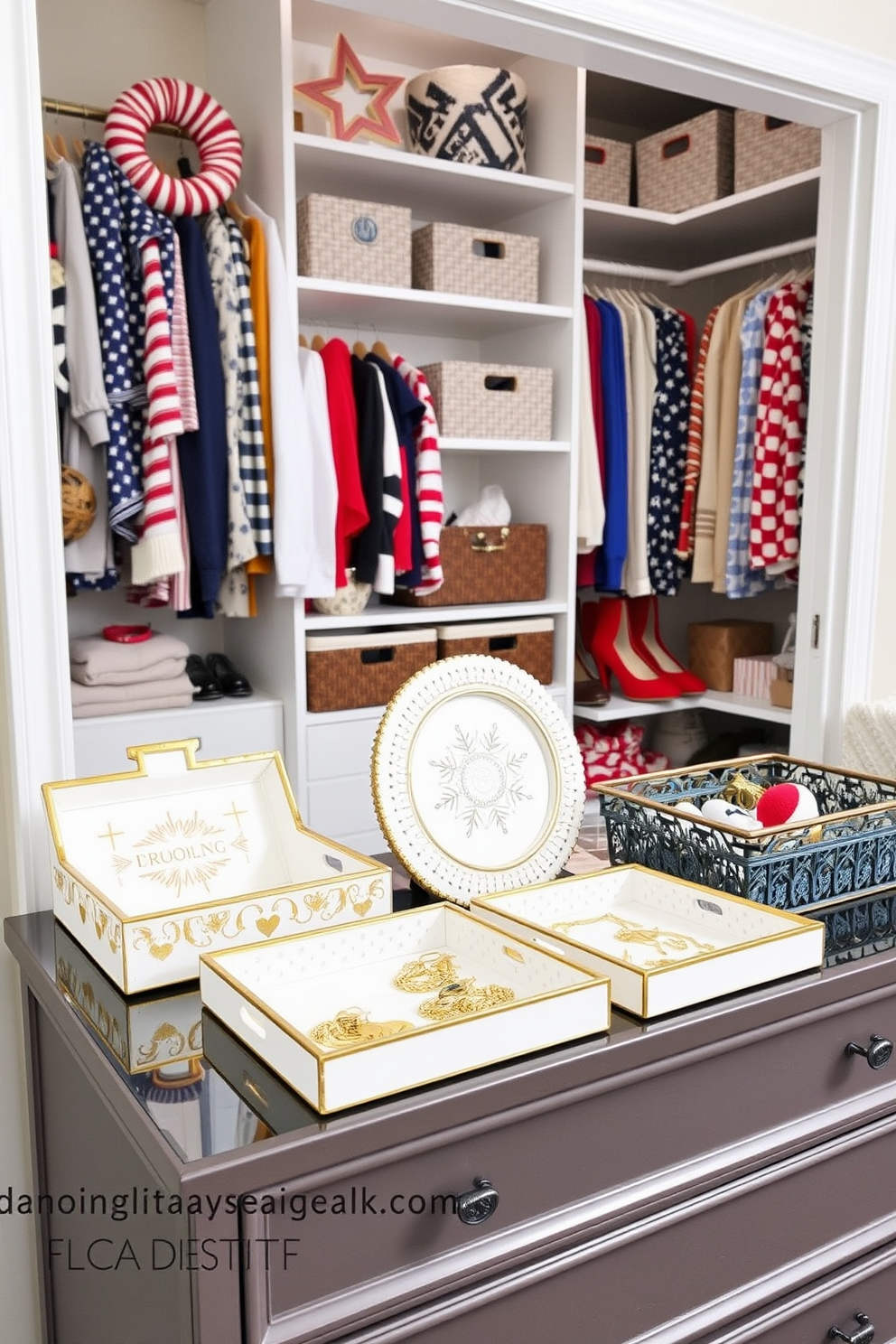 Decorative trays for jewelry organization. A collection of elegant decorative trays in various sizes and materials is displayed on a stylish dresser. Each tray features unique designs, such as intricate patterns or smooth finishes, to enhance the aesthetic while keeping jewelry neatly organized. Memorial Day Closet Decorating Ideas. A bright and airy closet space is adorned with patriotic-themed decor, including red, white, and blue accents. Shelves are lined with seasonal clothing and accessories, while decorative bins and baskets add a touch of charm and functionality.