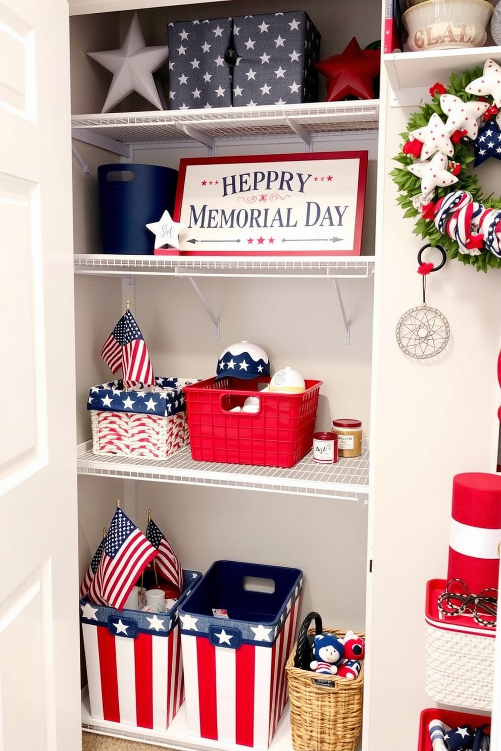 A Memorial Day themed closet features red white and blue signage that celebrates the holiday. The closet is adorned with stars and stripes decorations alongside patriotic accessories. For Memorial Day closet decorating ideas consider using themed storage bins and baskets in festive colors. Incorporate decorative elements such as flags and wreaths to enhance the patriotic atmosphere.