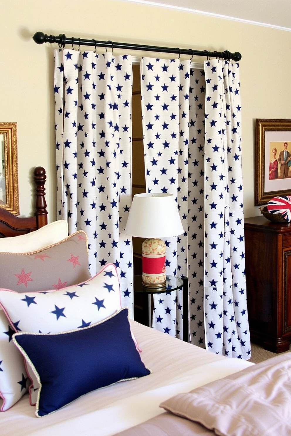 Create a cozy bedroom with star patterned fabric used for closet curtains. The curtains should complement a neutral color palette, adding a touch of whimsy while maintaining elegance. Incorporate decorative elements that celebrate Memorial Day, such as subtle red, white, and blue accents. Use these colors in accessories like throw pillows and artwork to create a festive yet sophisticated atmosphere.