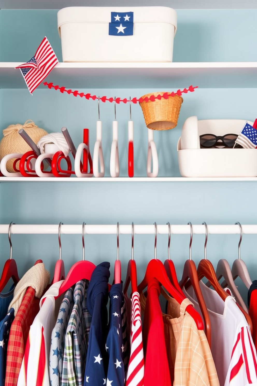 Create a vibrant and inviting closet space that incorporates seasonal color coordinated hangers. The hangers should feature a mix of red, white, and blue tones to reflect the spirit of Memorial Day, enhancing the overall aesthetic of the closet. Incorporate decorative elements such as small flags or themed accessories that complement the hangers. The closet should be organized and visually appealing, showcasing a variety of outfits suitable for the holiday festivities.