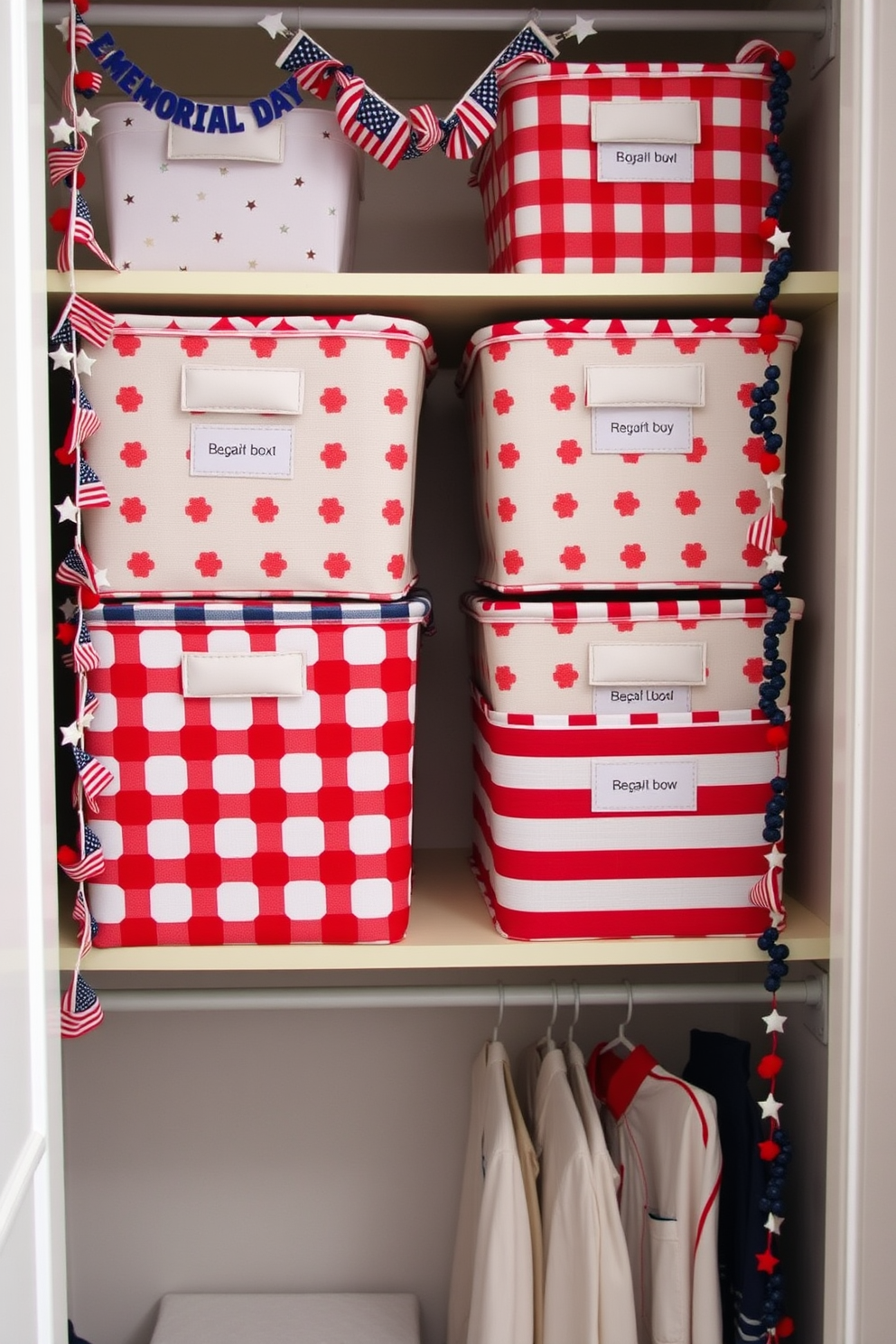 Patriotic fabric storage bins are arranged neatly on a shelf, featuring vibrant red, white, and blue patterns that evoke a sense of national pride. Each bin is labeled for easy organization, adding both functionality and a festive touch to the space. The closet is adorned with Memorial Day decorations, including small flags and themed garlands draped along the hanging rods. Soft lighting highlights the organized bins and festive decor, creating a welcoming atmosphere that celebrates the holiday.