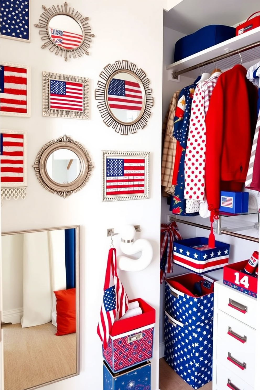 A collection of decorative mirrors featuring various flag motifs is arranged on a feature wall. Each mirror reflects a different aspect of the room, creating a vibrant and patriotic atmosphere. The closet is adorned with red, white, and blue accents, incorporating themed storage solutions. Stylish organizers and decorative elements celebrate Memorial Day while maintaining a cohesive design aesthetic.