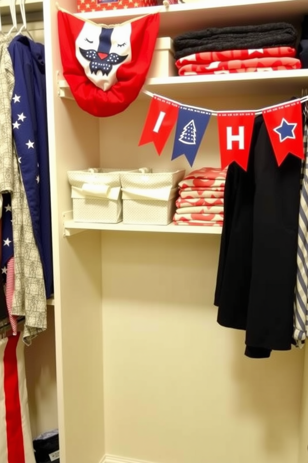 Create a festive closet setting with colorful banners draped across the shelves. The banners should feature red, white, and blue themes to celebrate Memorial Day, adding a cheerful touch to the organized space.