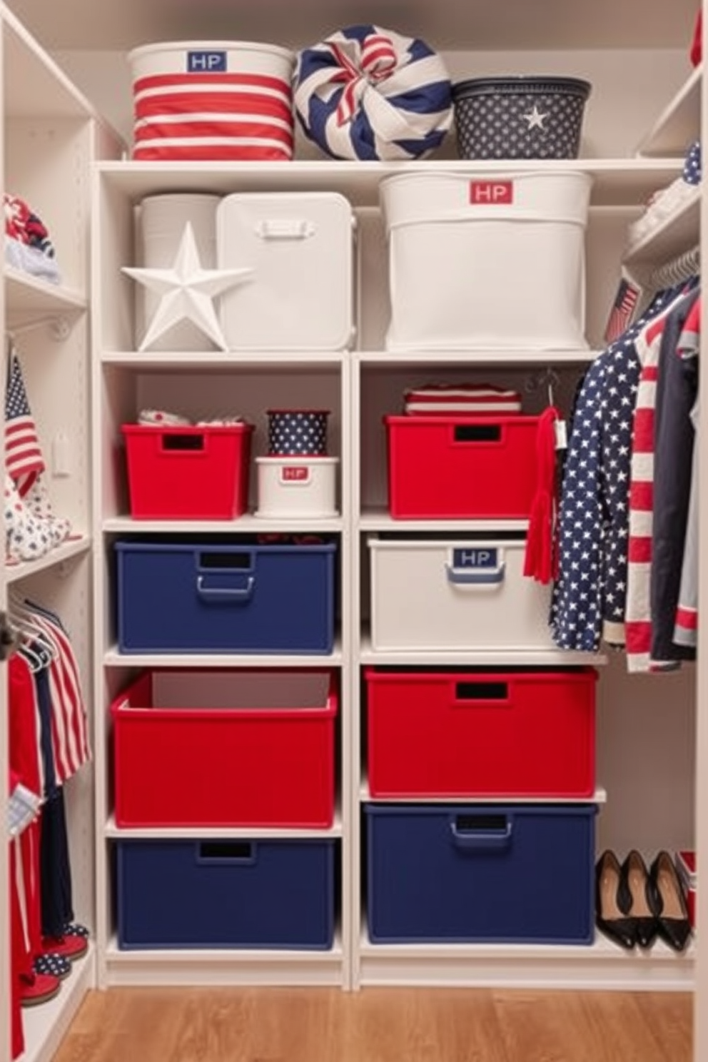 Create a vibrant closet scene featuring red white and blue drawer organizers. The organizers are neatly arranged within a spacious closet, with patriotic-themed accessories displayed alongside them. Incorporate Memorial Day elements into the decor, showcasing red white and blue accents throughout the space. The closet features a mix of clothing, shoes, and decorations that celebrate the holiday spirit.