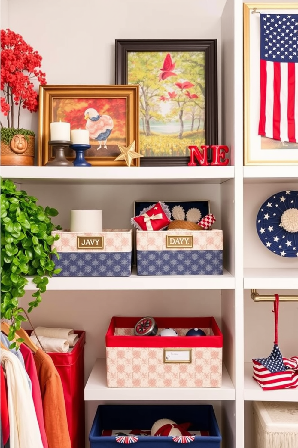 Seasonal artwork displayed on shelves creates a vibrant and inviting atmosphere. The shelves are adorned with colorful paintings and prints that reflect the current season, complemented by decorative objects like candles and small plants. Memorial Day closet decorating ideas incorporate red, white, and blue accents to celebrate the holiday. Utilize storage bins and organizers that feature patriotic colors, while displaying themed accessories like stars and stripes for a festive touch.