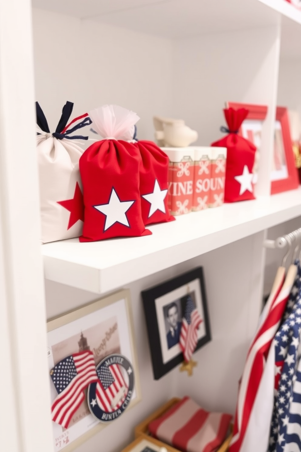 Create a patriotic themed closet featuring scent sachets in red white and blue colors. The sachets are adorned with stars and stripes designs and are placed strategically on shelves to enhance the festive atmosphere. Incorporate Memorial Day decorations such as small flags and themed artwork within the closet. Use a neutral backdrop with white shelving to allow the vibrant colors of the decorations to stand out beautifully.