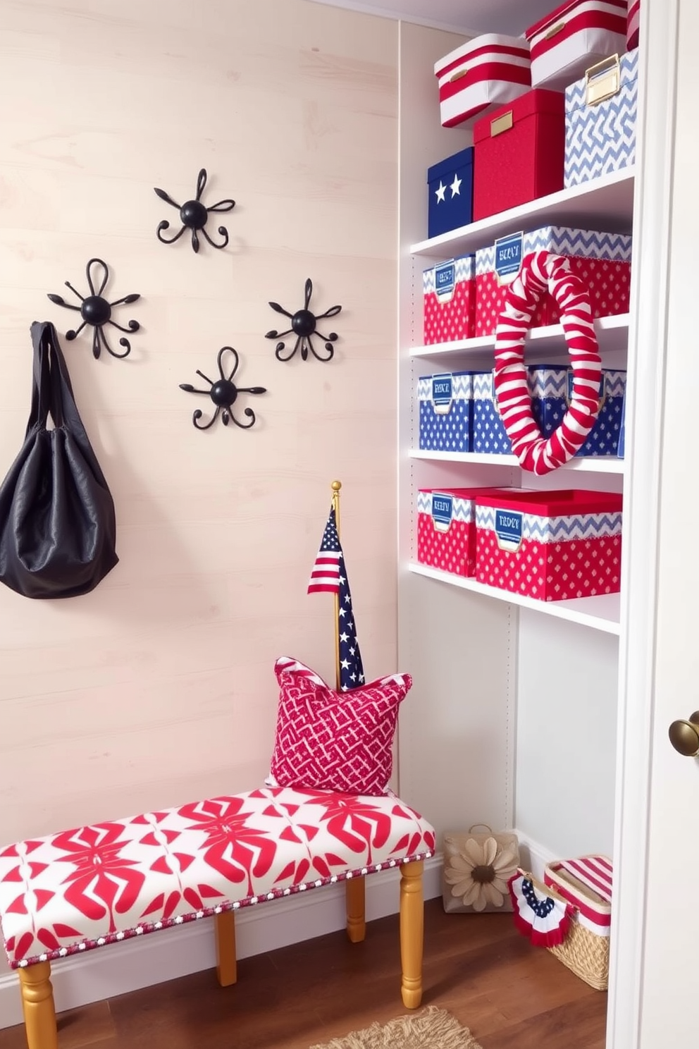 A stylish entryway featuring decorative hooks for hats and bags mounted on a light wood wall. The hooks are arranged in a playful yet functional design, complementing a small bench upholstered in a vibrant fabric. A festive closet decorated for Memorial Day with red white and blue accents. The shelves are adorned with themed storage boxes and a small flag is displayed prominently to enhance the patriotic spirit.