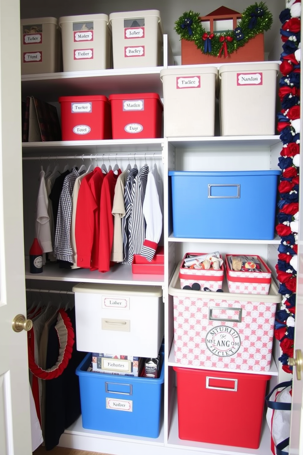 A well-organized closet featuring themed labels for easy identification. The shelves are neatly arranged with color-coordinated bins and seasonal clothing displayed prominently. For Memorial Day, the closet is adorned with red white and blue accents. Decorative elements such as themed storage boxes and festive garlands enhance the patriotic spirit.