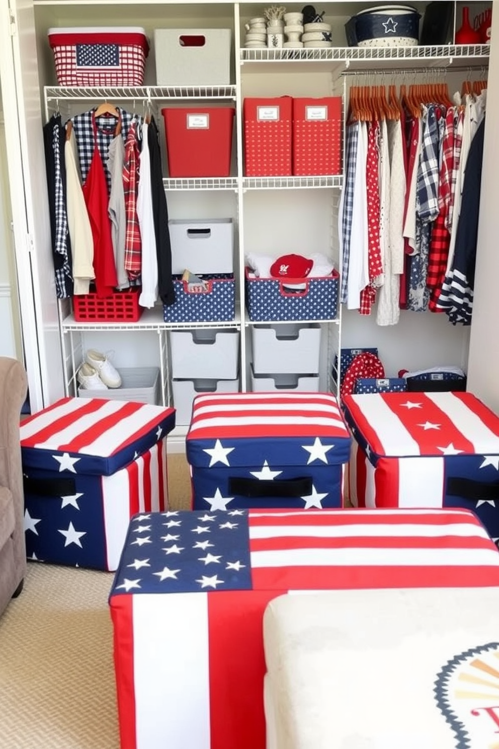 American flag themed storage ottomans are arranged in a cozy living room setting. The ottomans feature a vibrant red and blue fabric with white stars, providing both functionality and patriotic flair. For Memorial Day closet decorating ideas, the closet is organized with red white and blue accessories. Decorative bins and hangers in these colors add a festive touch while keeping the space tidy and stylish.