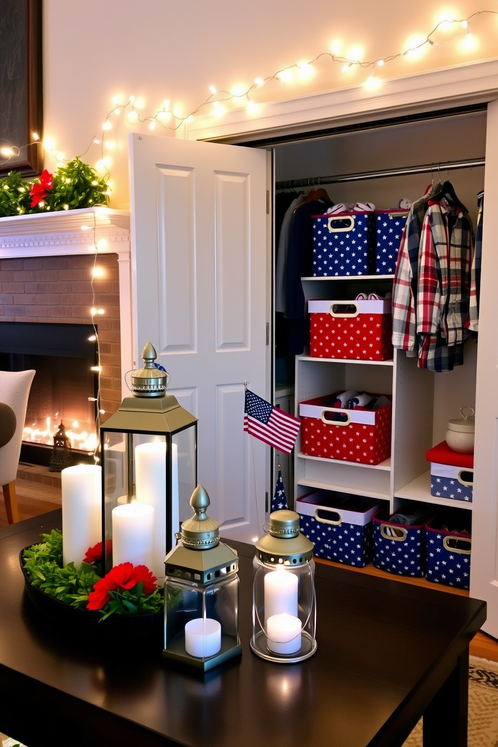 Seasonal decorative lights for ambiance. Soft twinkling fairy lights are draped along the mantle, casting a warm glow throughout the room. A cluster of lanterns with flickering candles is placed on the coffee table, creating a cozy atmosphere perfect for gatherings. Memorial Day closet decorating ideas. The closet is organized with red white and blue themed storage bins for a festive touch. Patriotic accessories like a small flag and themed hangers add a cheerful spirit to the space.