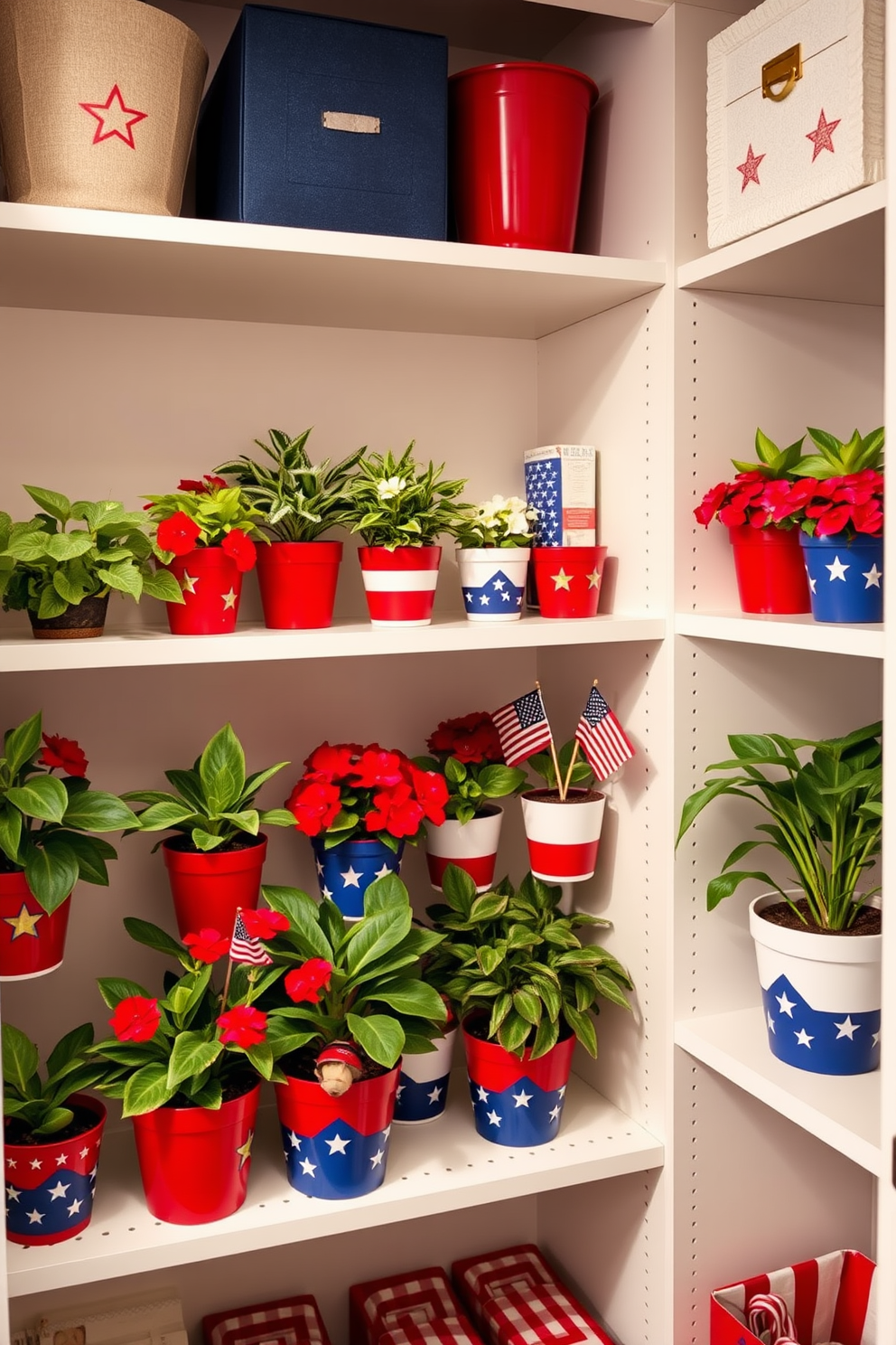 A stylish closet adorned with an array of vibrant plants in patriotic pots. The shelves are organized with red, white, and blue accents, creating a festive atmosphere for Memorial Day.