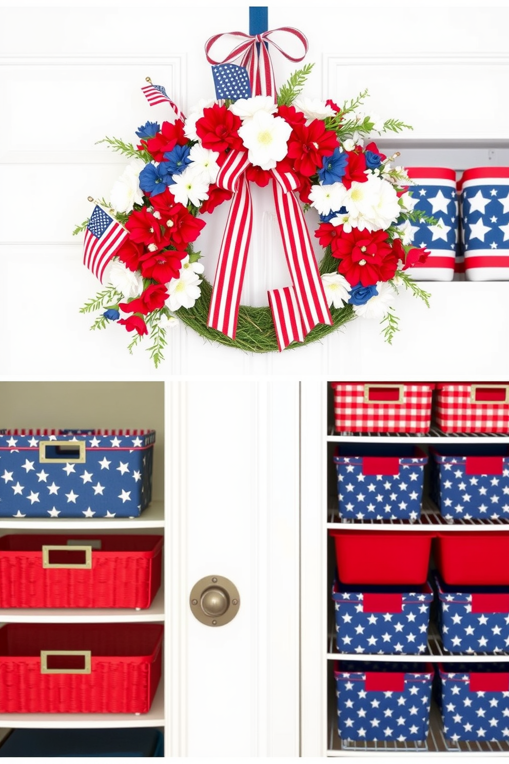 A decorative wreath featuring red white and blue flowers is hung on the front door creating a patriotic welcome. The wreath is adorned with ribbons and small flags adding a festive touch for Memorial Day celebrations. Inside the closet patriotic themed decor is incorporated with red white and blue storage bins. Stars and stripes patterned organizers keep items neatly arranged while celebrating the spirit of the holiday.