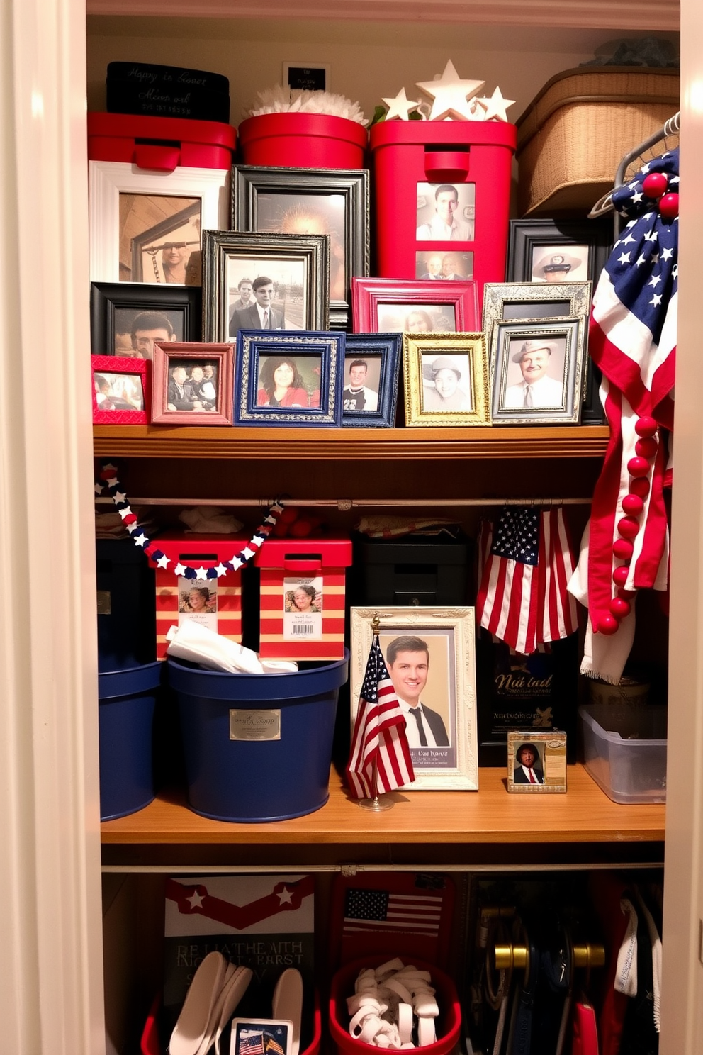 A collection of themed photo frames is displayed on a wooden shelf, each frame showcasing cherished memories and personal touches. The frames vary in size and style, incorporating colors that complement the room's decor while adding character and warmth. For Memorial Day, the closet is decorated with red, white, and blue accents, including themed storage bins and patriotic garlands. The closet features a dedicated space for displaying military memorabilia, creating a meaningful tribute to honor loved ones.