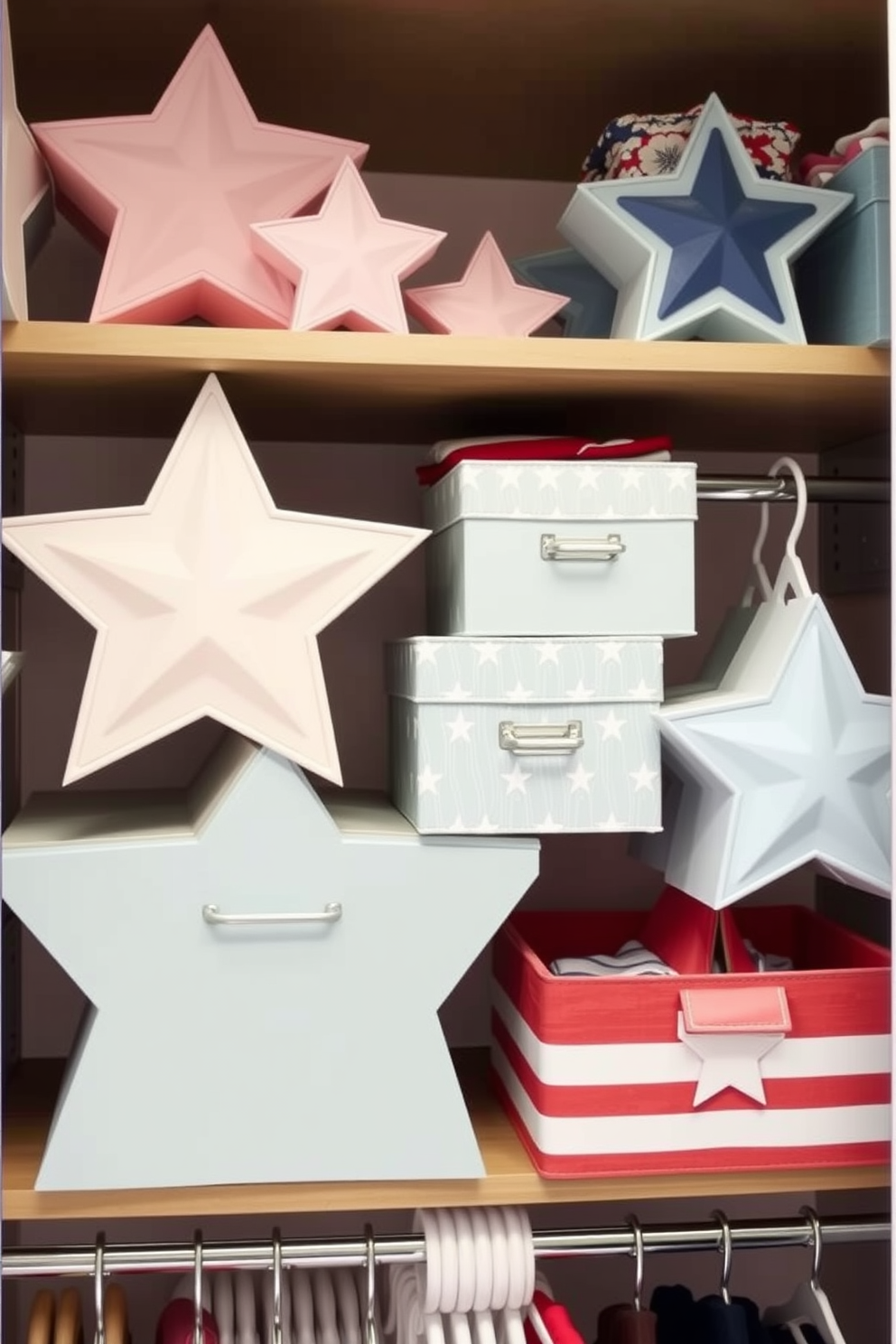 A collection of star shaped storage boxes in varying sizes is arranged neatly on a shelf. Each box features a soft pastel color palette, adding a whimsical touch to the space. For Memorial Day closet decorating ideas, incorporate red white and blue accents throughout the closet. Use decorative bins and hangers to display patriotic themed accessories and clothing items.