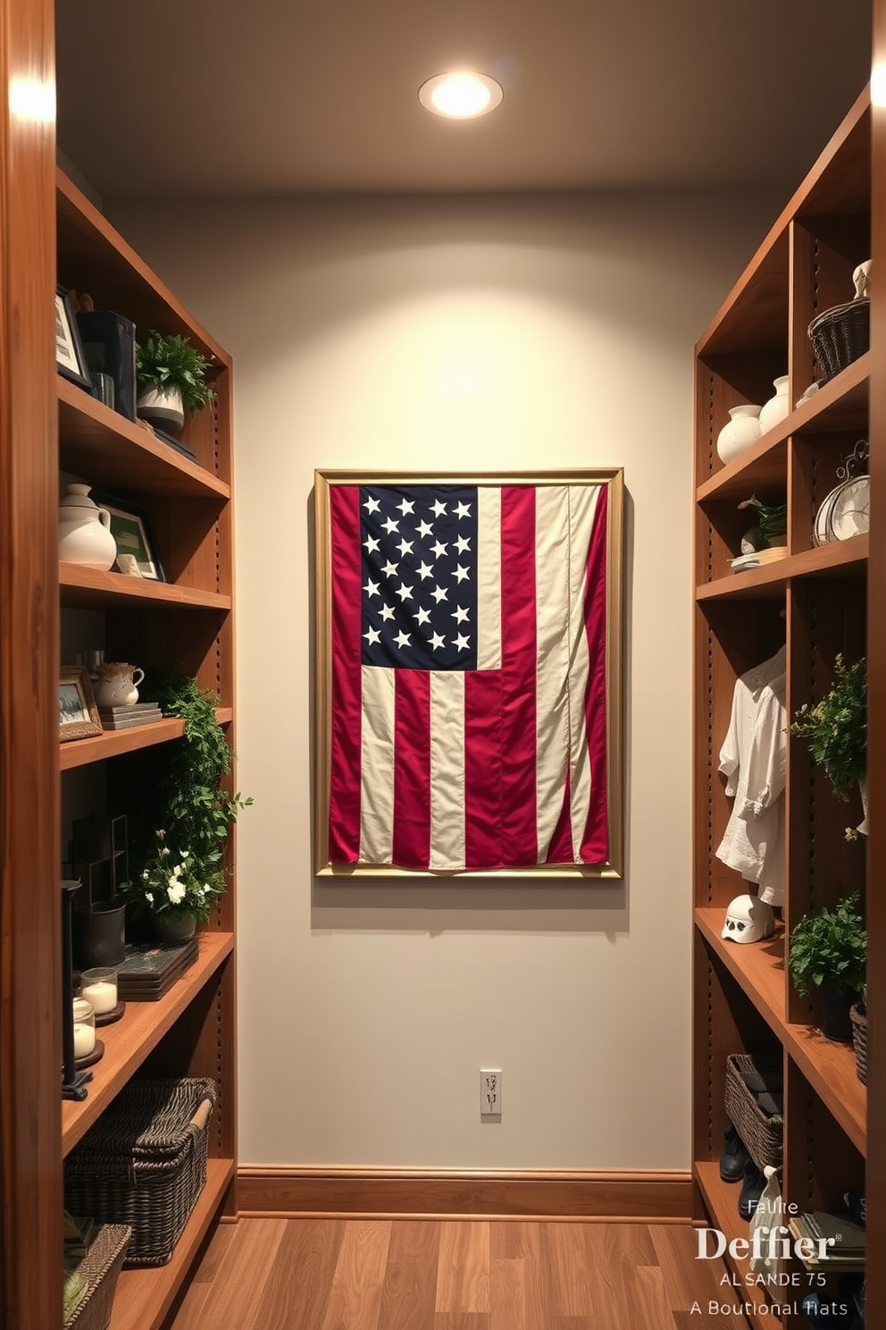 A vintage American flag is elegantly displayed in a spacious closet. The flag is framed and mounted on the back wall, surrounded by rustic wooden shelves filled with seasonal decor. The closet features a warm wooden finish, enhancing the nostalgic feel of the space. Soft lighting highlights the flag and creates an inviting atmosphere for Memorial Day celebrations.