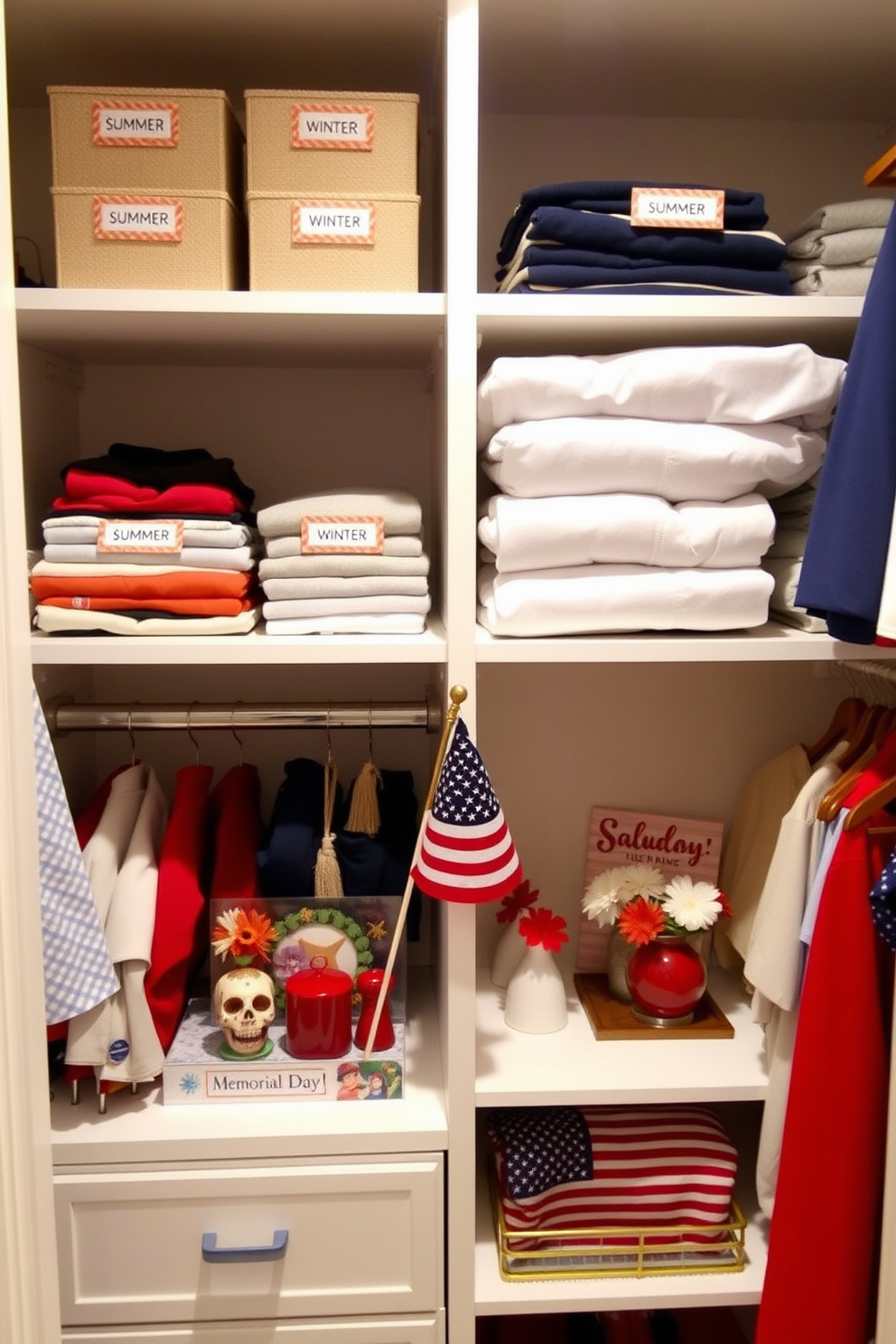 A stylish closet space designed for seasonal clothing rotation. The shelves are neatly organized with festive labels indicating summer and winter attire, creating a cheerful and functional display. Decorative elements celebrate Memorial Day with red, white, and blue accents. A small flag is placed on a shelf, and seasonal accessories are arranged to enhance the patriotic theme.