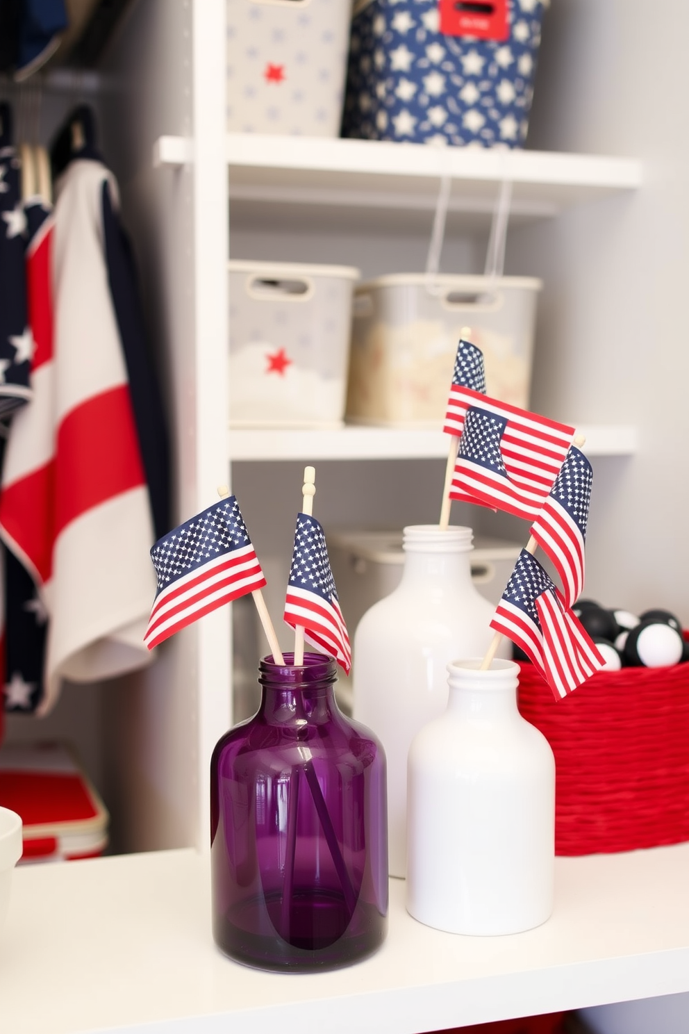 Miniature flags in decorative vases create a festive and patriotic atmosphere. Place the vases on shelves or tabletops to enhance the holiday spirit. For a Memorial Day closet, incorporate red white and blue accents. Use decorative bins and hangers to organize items while celebrating the occasion.