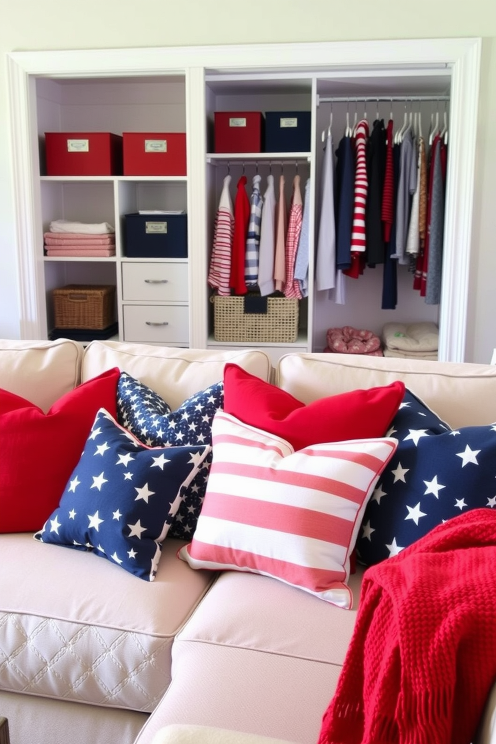 Create a cozy living room scene featuring red white and blue throw pillows arranged on a neutral-colored sofa. The pillows should have various patterns such as stripes and stars, creating a festive atmosphere for Memorial Day celebrations. Design a stylish closet space that reflects a patriotic theme. Incorporate red white and blue accents through storage boxes and hangers, while ensuring the layout remains functional and organized for easy access to seasonal clothing.