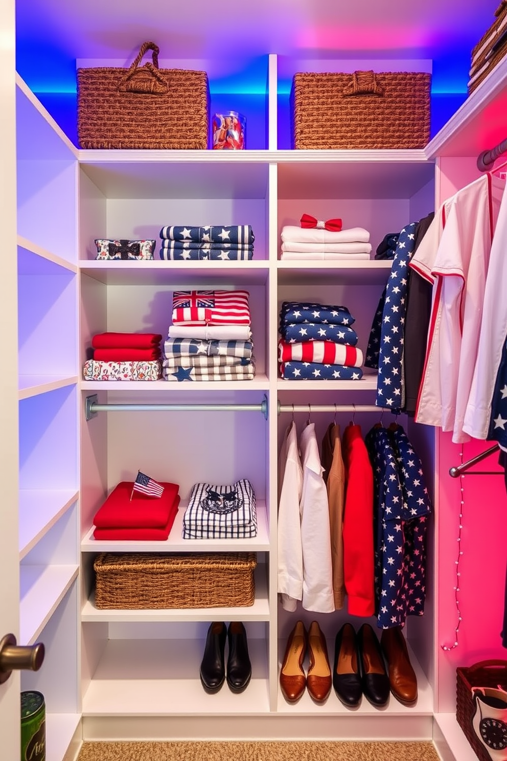 A custom closet designed with patriotic colors featuring red white and blue lighting accents. The shelves are lined with neatly folded clothing and accessories that reflect the spirit of Memorial Day.