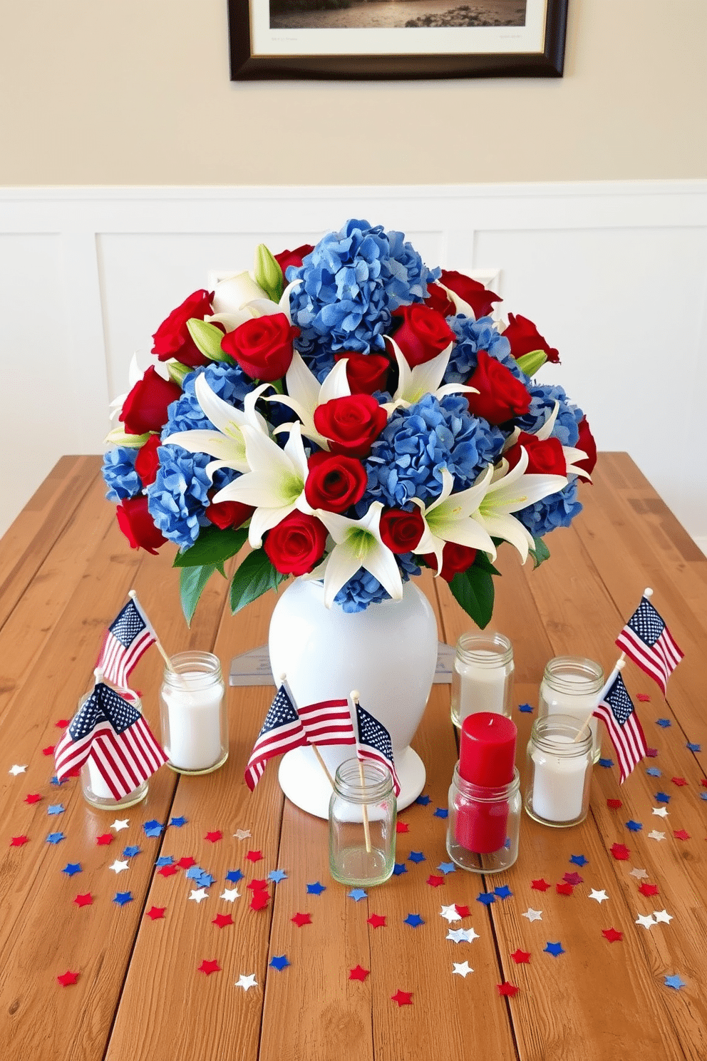 A patriotic table centerpiece for Memorial Day. A large white ceramic vase filled with red roses, white lilies, and blue hydrangeas sits at the center of a rustic wooden table. Surrounding the vase are smaller glass jars, each holding a single red, white, or blue candle. Scattered around the centerpiece are miniature American flags and star-shaped confetti in matching colors.