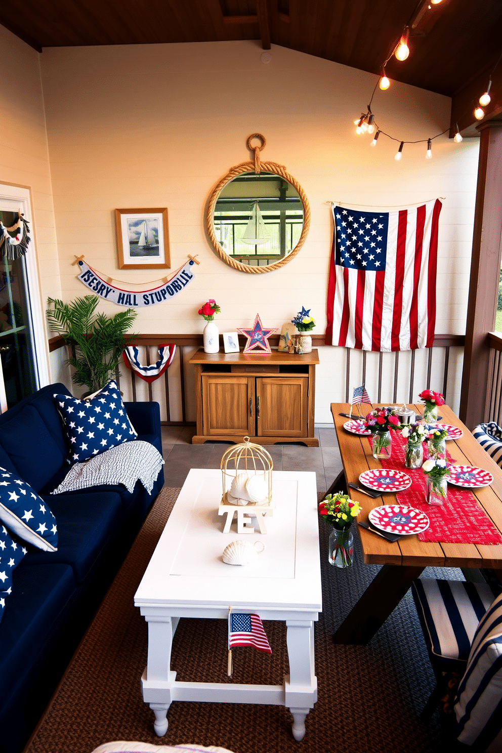 A cozy living room with nautical-themed decor. The room features a navy-blue sofa adorned with star-patterned cushions and a striped throw blanket. A white coffee table sits in front of the sofa, decorated with a seashell centerpiece and nautical-themed coasters. The walls are painted a soft beige, with framed prints of sailboats and anchors hung in a symmetrical arrangement. A large, round mirror with a rope frame hangs above a wooden console table, which holds a collection of maritime knick-knacks. A festive outdoor space designed for Memorial Day celebrations. The patio is adorned with red, white, and blue bunting draped along the railing and a large American flag displayed proudly on the wall. A long wooden picnic table is set with star-spangled tablecloths, patriotic-themed plates, and mason jars filled with fresh flowers in red, white, and blue. String lights hang overhead, casting a warm glow over the space as the sun sets. Comfortable seating areas with striped cushions and throw pillows invite guests to relax and enjoy the holiday.