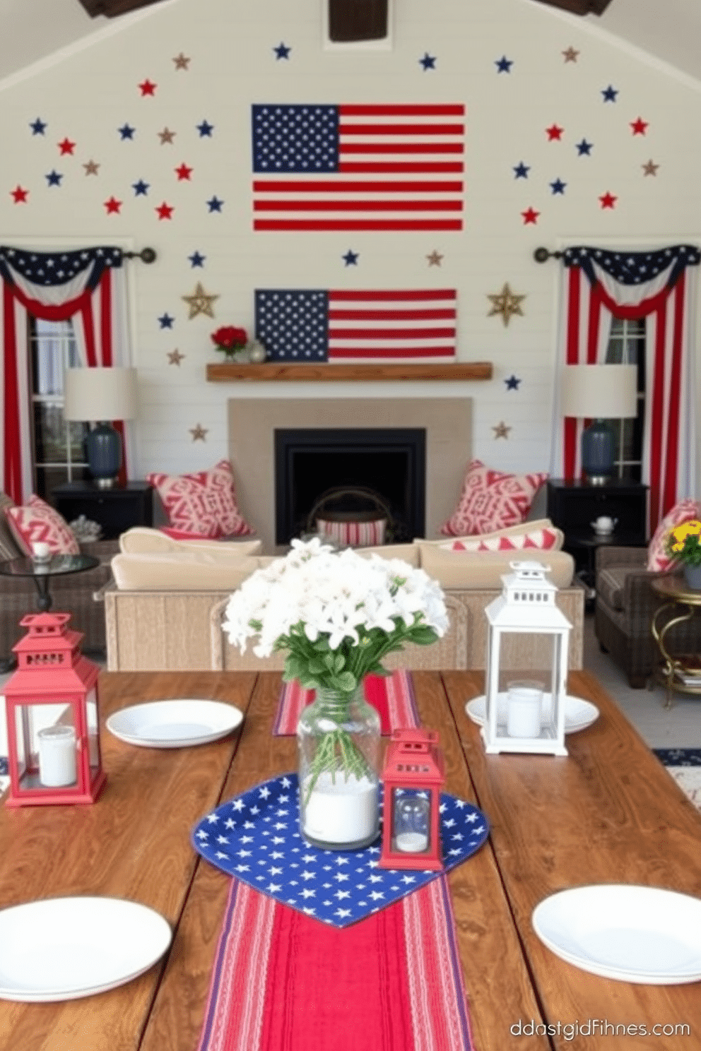 A patriotic-themed living room with wall decals featuring stars and stripes. Red, white, and blue accents are incorporated throughout the space, including throw pillows, curtains, and a large American flag decal on the main wall. Memorial Day decorating ideas for an inviting outdoor patio. A stylish setup with a rustic wooden table adorned with patriotic table runners, red and blue lanterns, and a centerpiece of white flowers in a mason jar.