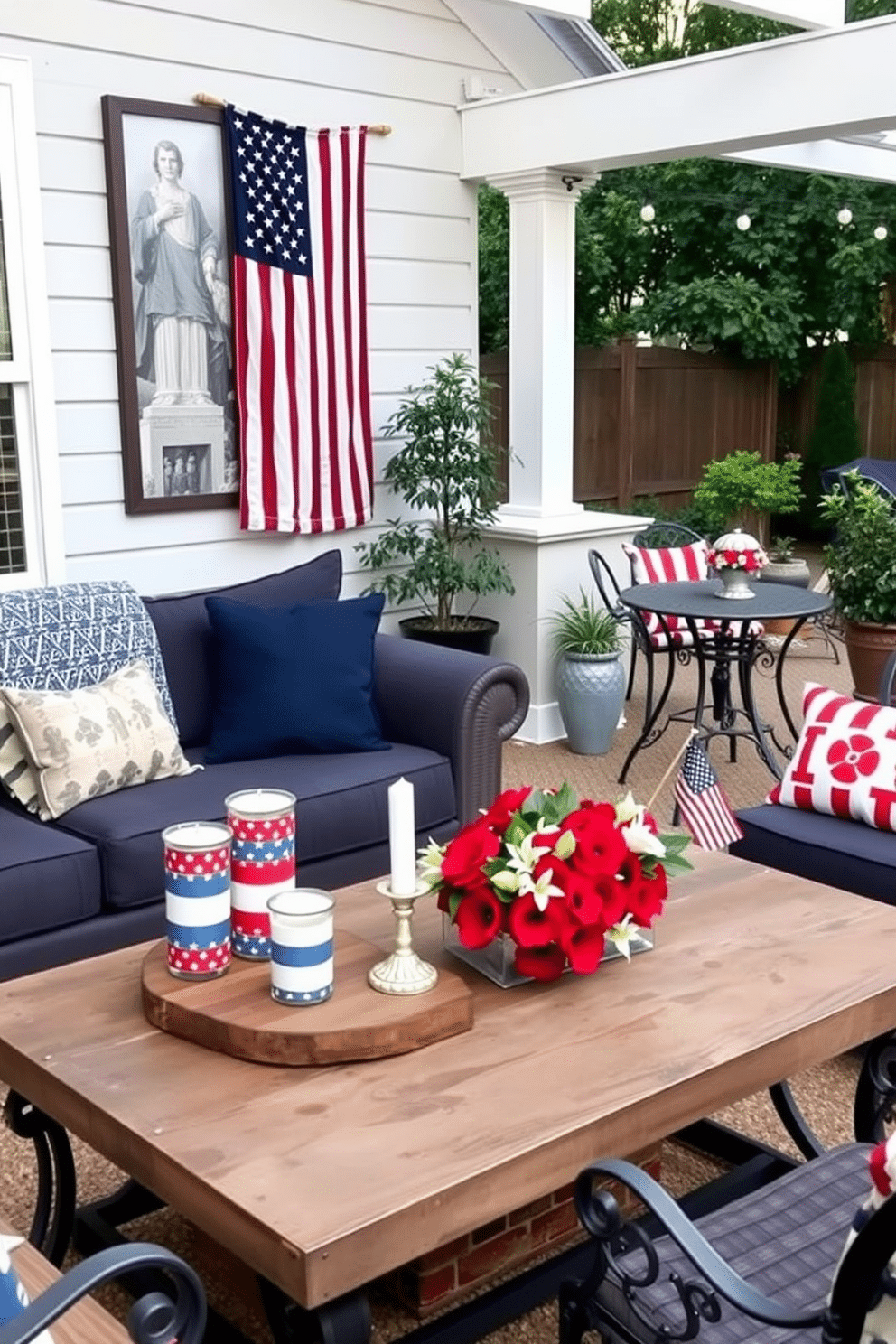 A cozy living room setup. There are Independence Day-themed candle holders placed on a rustic wooden coffee table, each designed with red, white, and blue patterns. Nearby, a plush sofa with navy blue cushions and a patriotic throw blanket adds a festive touch to the space, while a large American flag hangs proudly on the wall. A charming outdoor patio. The space is decorated with Memorial Day-themed elements, including a centerpiece of red poppies and white lilies on a wrought iron table. Surrounding the table, comfortable chairs with patriotic cushions invite guests to relax, while string lights and small American flags create a warm and inviting atmosphere.