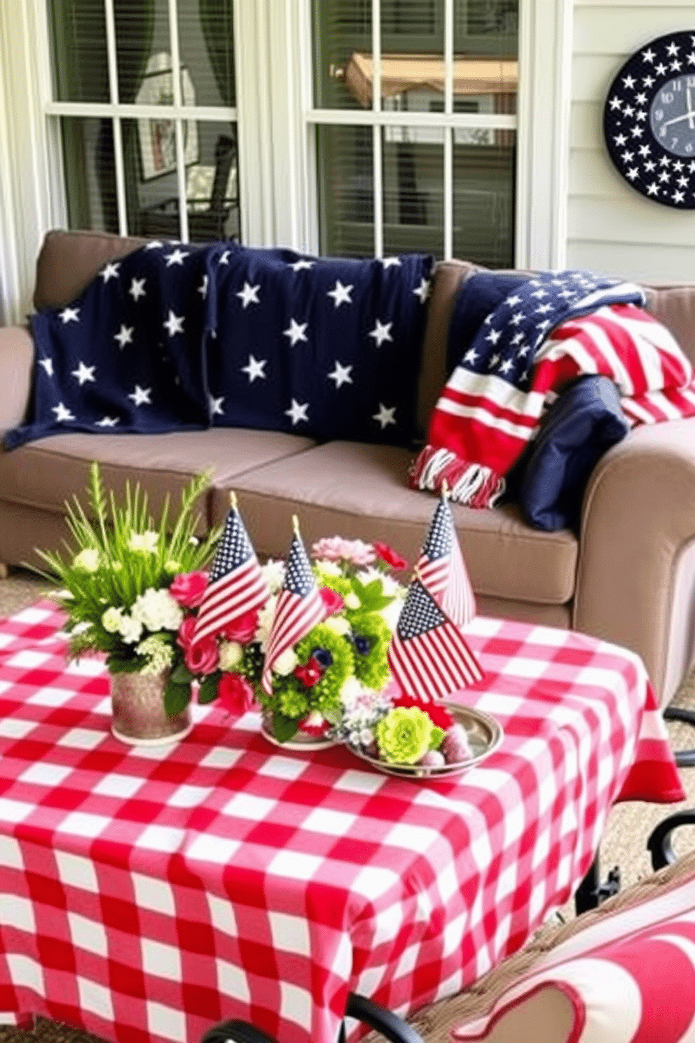 A cozy living room adorned with stars and stripes themed blankets. A large, plush sofa is draped with a navy blue throw featuring white stars, while a red and white striped blanket is neatly folded over the armrest. For Memorial Day decorating ideas, imagine a backyard patio set up for a festive gathering. The table is covered with a red, white, and blue checkered tablecloth, adorned with small American flags and a centerpiece of fresh flowers in patriotic colors.