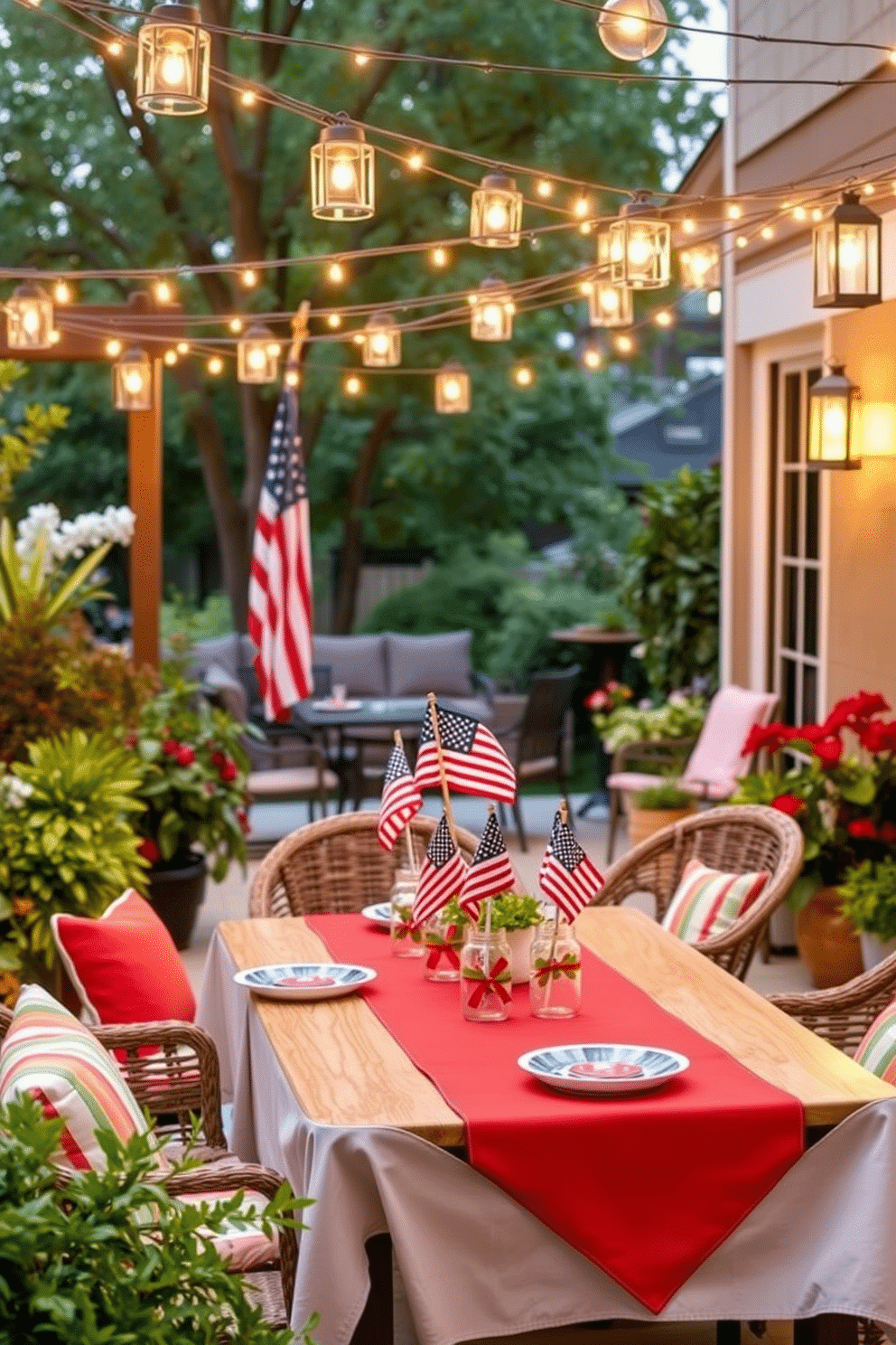 A festive outdoor seating area adorned with string lights and lanterns, creating a warm and inviting atmosphere. Comfortable seating includes wicker chairs with colorful cushions, and a wooden table set with vibrant tableware, surrounded by lush greenery and potted plants. Memorial Day decorating ideas featuring patriotic colors and elements. A picnic table draped with a red, white, and blue tablecloth, adorned with matching plates and napkins, and small American flags placed in mason jars as centerpieces.