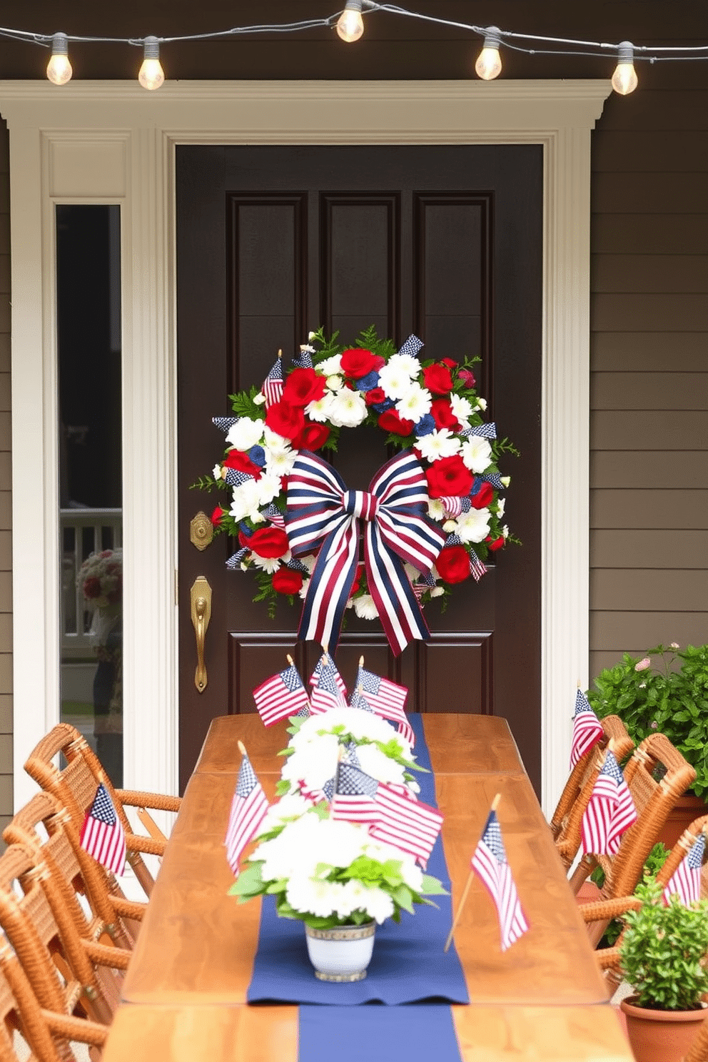 A patriotic wreath adorns the front door, featuring a mix of red, white, and blue flowers intertwined with small American flags. The wreath is accented with a large, elegant bow in the center, made from stars and stripes ribbon, creating a welcoming and festive entrance. For Memorial Day decorating ideas, consider a backyard setup with a long wooden table covered in a navy blue tablecloth, topped with white and red floral centerpieces. String lights hang above the seating area, casting a warm glow, while small American flags are placed in potted plants around the yard, enhancing the patriotic ambiance.