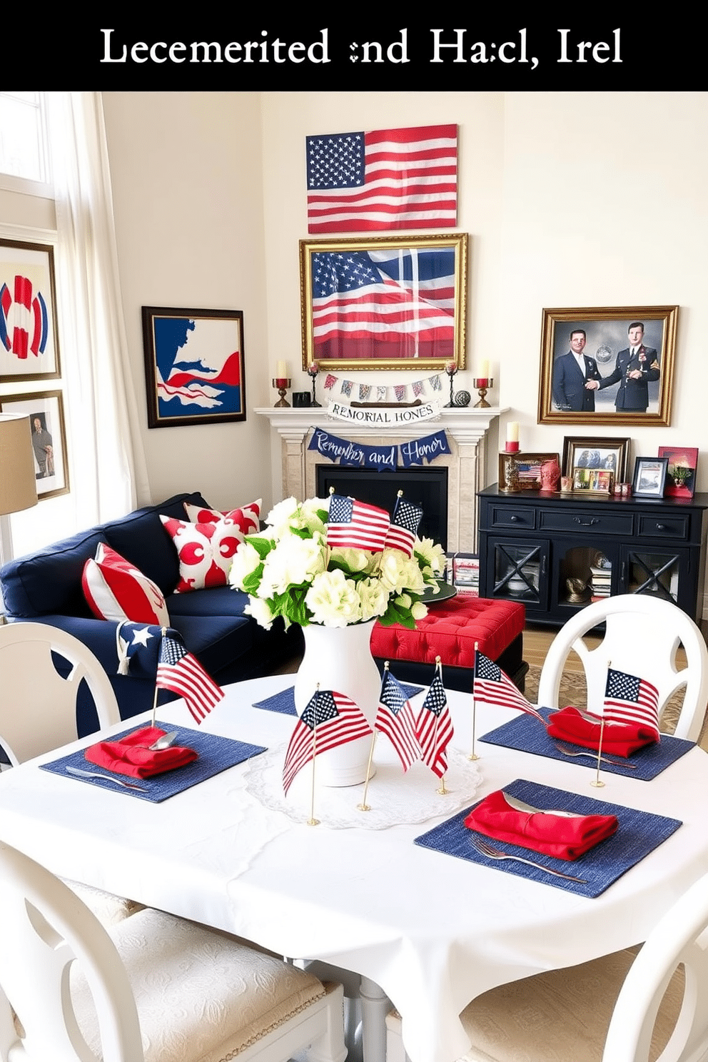 A living room adorned with Fourth of July-themed artwork in frames. Red, white, and blue abstract paintings hang on the walls, while a large framed American flag serves as the focal point above the fireplace. Patriotic-themed throw pillows are placed on a navy blue sofa, and a coffee table is decorated with a centerpiece of mini American flags in a white vase. The room is illuminated by natural light streaming through large windows, with sheer white curtains gently swaying in the breeze. A dining area thoughtfully decorated for Memorial Day. The table is set with a white tablecloth, red napkins, and blue placemats, creating a patriotic color scheme. Centerpieces feature small American flags, white flowers, and candles in red and blue holders. The walls are adorned with framed photos of servicemen and women, honoring their sacrifices, while a banner with 