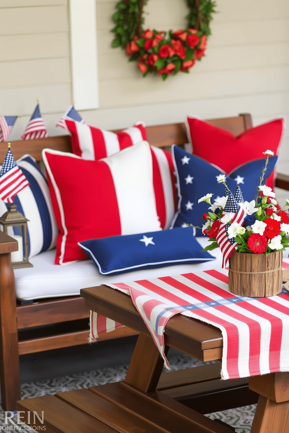 A cozy outdoor seating area featuring red, white, and blue pillows. The pillows are arranged on a wooden bench with a white cushion, surrounded by patriotic decorations such as small American flags and lanterns. A festive Memorial Day setup with red, white, and blue outdoor pillows. The pillows are complemented by a matching tablecloth on a nearby picnic table, with a centerpiece of fresh flowers in a rustic vase and a spread of traditional holiday foods.